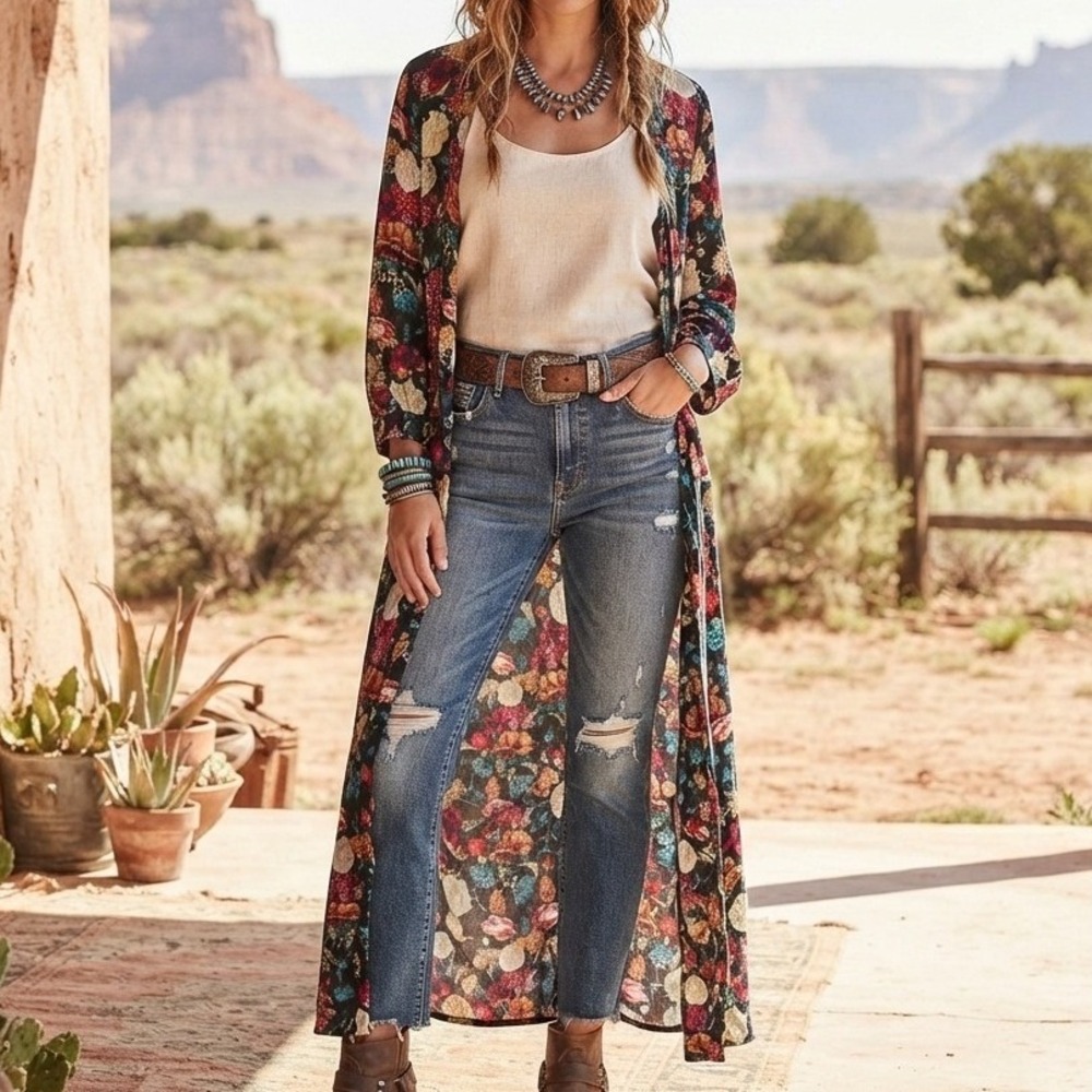Lucky Brand Kimono Duster dark Floral longline boho western romantic Black